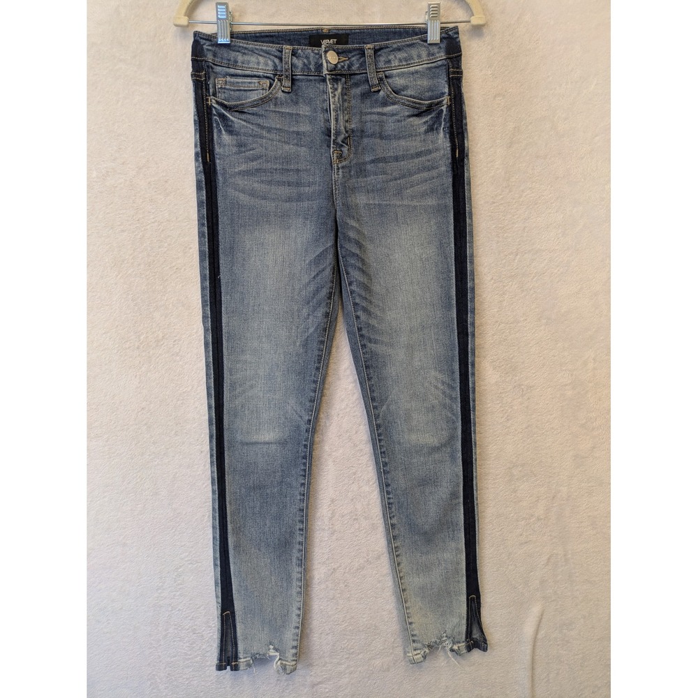 Vervet Women's Size 26 Ankle Skinny Jeans‎ Medium Wash Dark Side Stripe Raw Hem
